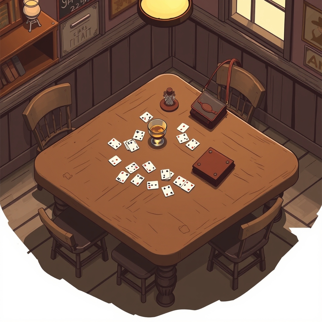 Isometric illustration of a worn card table in a saloon